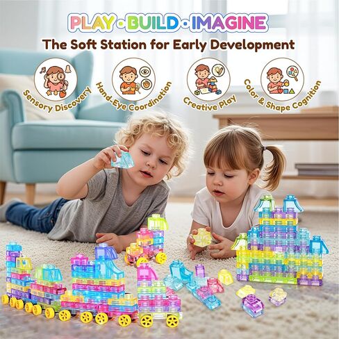 مكعبات بناء قطار ناعمة بعجلات، 42 قطعة من مكعبات التراص الحسية مونتيسوري، لعبة تعليمية للأطفال الصغار مع محطة، ألعاب لمسية قابلة للعصر وقابلة للتمدد والتكديس، لعب إبداعي للأطفال في مرحلة ما قبل المدرسة in Kuwait