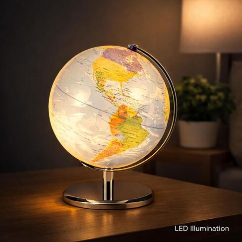 كرة أرضية مضيئة بإضاءة LED مع حامل دوار من الكروم - كرة عرض مكتبية مع خريطة مضيئة، قاعدة معدنية، طاقة إضافية in Kuwait