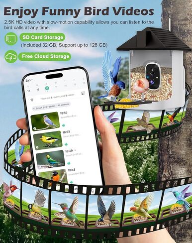 Smart Bird Feeder with Camera Solar Powered, 5MP 2.5K HD Live Video Birdhouse Camera, AI Identify, Instant Notify, Motion Detection, Cloud Storage, Color Night Vision, Ideal Gift for Bird Watching in Saudi Arabia