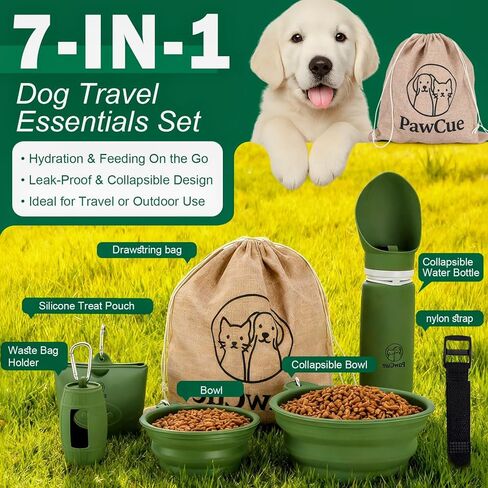 Dog Travel Kit 7-in-1 – Collapsible Bowls, Water Bottle, Treat Pouch, Waste Bag Holder, Strap & Carry Bag – Portable Pet Travel Essentials for Walks, Hiking, Road Trips & Everyday Use – PawCue in Saudi Arabia