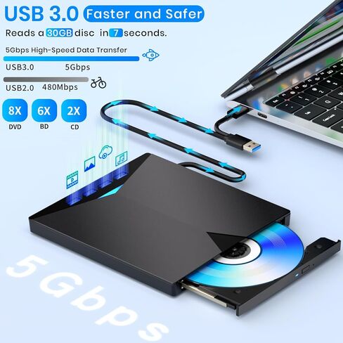 محرك أقراص مضغوطة خارجي محرك أقراص محمول USB3.0 محرك أقراص محمول يمكنه قراءة أقراص DVD/CD مناسب لمحرك أقراص CD/DVD خارجي ناسخ ناسخ أقراص DVD/CD ROM ونقل البيانات بسرعة عالية in Kuwait