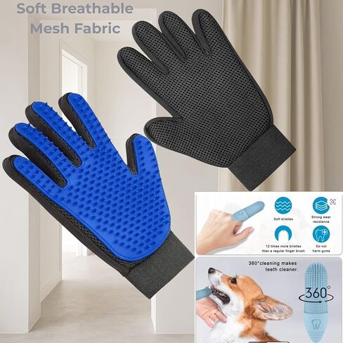 Pet Grooming Glove for Dogs, Cats & Horses – 2-in-1 Deshedding & Massage Mitt – Soft Silicone Tips – Left & Right Hand Set + Bonus Detail Tool in Kuwait