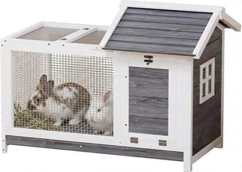 قفص أرنب خشبي داخلي وخارجي، قفص أرانب مقاوم للطقس مع إطار معدني مضاد للمضغ، بيت أرنب مع منحدر وشبكة سلكية قابلة للإزالة للحيوانات الصغيرة، خشب طبيعي، رمادي in Kuwait
