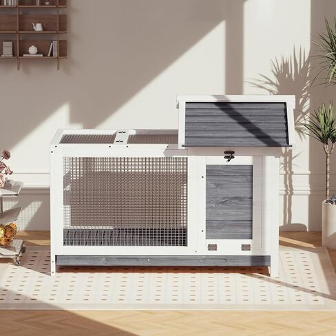 قفص أرنب خشبي داخلي وخارجي، قفص أرانب مقاوم للطقس مع إطار معدني مضاد للمضغ، بيت أرنب مع منحدر وشبكة سلكية قابلة للإزالة للحيوانات الصغيرة، خشب طبيعي، رمادي in Kuwait