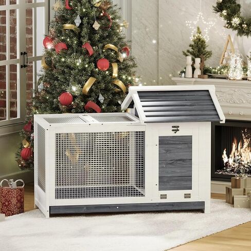 قفص أرنب خشبي داخلي وخارجي، قفص أرانب مقاوم للطقس مع إطار معدني مضاد للمضغ، بيت أرنب مع منحدر وشبكة سلكية قابلة للإزالة للحيوانات الصغيرة، خشب طبيعي، رمادي in Kuwait