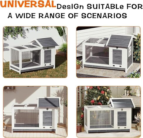 قفص أرنب خشبي داخلي وخارجي، قفص أرانب مقاوم للطقس مع إطار معدني مضاد للمضغ، بيت أرنب مع منحدر وشبكة سلكية قابلة للإزالة للحيوانات الصغيرة، خشب طبيعي، رمادي in Kuwait