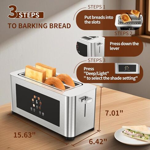 محمصة خبز ذكية بشاشة تعمل باللمس 4 شرائح، شاشة LCD، محمصة بفتحة طويلة 1.6 بوصة مع 6 إعدادات للظل، تذويب الجليد، إعادة التسخين وصينية قابلة للإزالة، فتحة واسعة للخبز الطويل، الخبز، الفطائر، 1300 وات، من الفولاذ المقاوم للصدأ in Kuwait