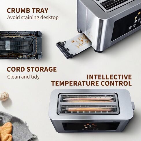 محمصة خبز ذكية بشاشة تعمل باللمس 4 شرائح، شاشة LCD، محمصة بفتحة طويلة 1.6 بوصة مع 6 إعدادات للظل، تذويب الجليد، إعادة التسخين وصينية قابلة للإزالة، فتحة واسعة للخبز الطويل، الخبز، الفطائر، 1300 وات، من الفولاذ المقاوم للصدأ in Kuwait