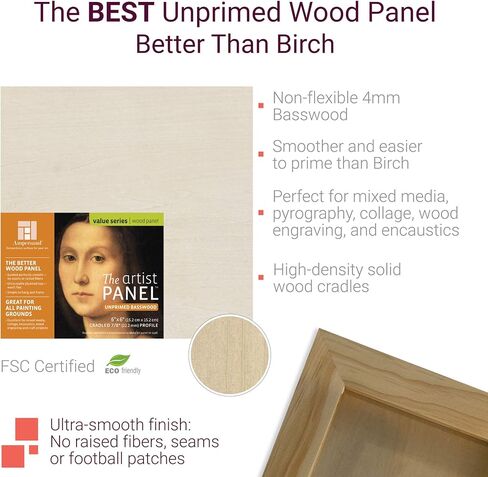 Ampersand Art Supply Unprimed Basswood Artist Panel, 7/8" Cradled Profile, 16"x20" in Kuwait