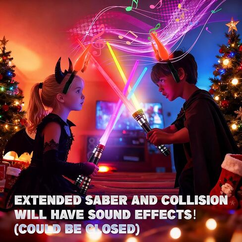 مجموعة سانكو لايت أب سيبر للأطفال - 4 عبوات من 7 ألوان سيوف قوية قابلة للسحب مع قطعتين من عباءات سوداء وعصابات رأس قرون الشيطان المتوهجة، ديكور الحفلات التنكرية، هدايا عيد الميلاد للأولاد والبنات in Kuwait