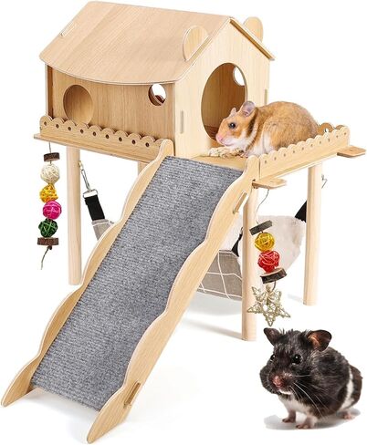 3-in-1 Guinea Pig Hideout, Large Wooden Guinea Pig House with Stairs, Hammock, Mat, and Chew Toys, Suitable for Small Rabbits, Guinea Pigs, Hamsters, and Other Rodents (Style 1) in Saudi Arabia