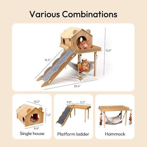 3-in-1 Guinea Pig Hideout, Large Wooden Guinea Pig House with Stairs, Hammock, Mat, and Chew Toys, Suitable for Small Rabbits, Guinea Pigs, Hamsters, and Other Rodents (Style 1) in Saudi Arabia