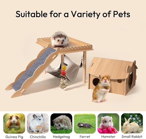 3-in-1 Guinea Pig Hideout, Large Wooden Guinea Pig House with Stairs, Hammock, Mat, and Chew Toys, Suitable for Small Rabbits, Guinea Pigs, Hamsters, and Other Rodents (Style 1) in Saudi Arabia