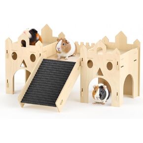 Guinea Pig Hideout House, Deluxe Wooden Hamster Hideout with Climbing Ramp & Rest Zone, Bunny Castle Tower Toy for Guinea Pig Chinchilla Gerbil Hedgehog Small Animal House Habitat Hut in Kuwait