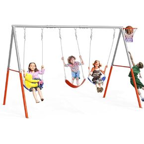 JOYMOR 3-Seats Metal Swing Sets for Backyard Outdoor with Basketball-Hoop, 3 Height-Adjustable Seats, 6 Locking Threaded Hangers, Suitable for DIY, 3-12Yr (Orange&Blue) in Kuwait