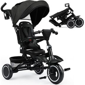 Folding Kids Tricycle, 8 in 1 Toddler Trike W/Removable & 1 Step Brake, Adjustable Canopy, Parent Handle, 5-Piont Harness, Toddler Bike Tricycle for Kids 1-6 Years, Storage Basket, Black in Kuwait