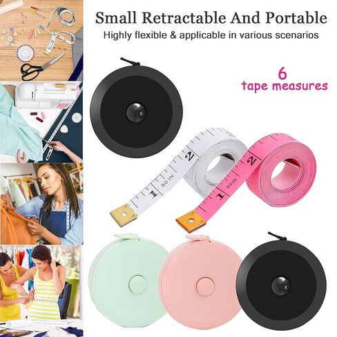 6 Pack Tape Measure Set, Soft Measuring Tape for Body Sewing Tailor Craft, Flexible Vinyl Fabric Ruler & Retractable Black Measuring Tape for Weight Loss, Crafting, Knitting & Home Measurements in Saudi Arabia