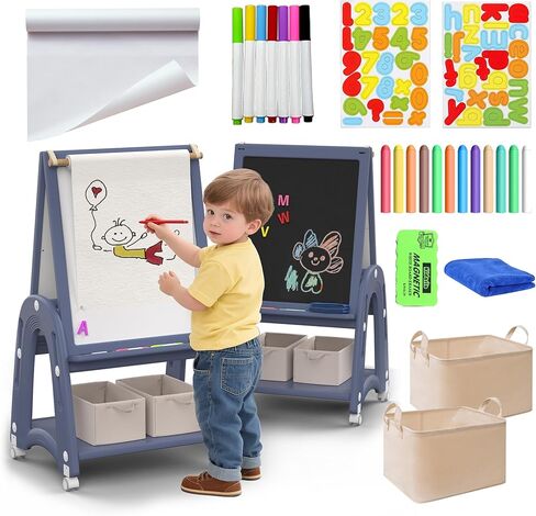 Art Easel for Kids 2-4 with Wheels, Whiteboard, Chalkboard & Paper Roll Adjustable Height 3-in-1 Toddler Easel for 2-4 Year Old Painting Easel for Kids with Storage & Accessories, Grey in Kuwait