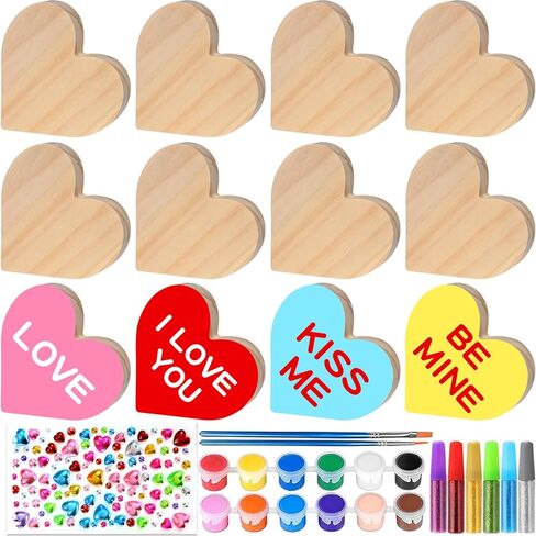Valentine's Day DIY Painting Kit, 12 Pcs Unfinished Wooden Hearts with 12 Color Paints and Brush, Create Your Own Unique Wood Heart Signs, Personalized Gift for Couples, Him, Her, Shelf Decor in Saudi Arabia