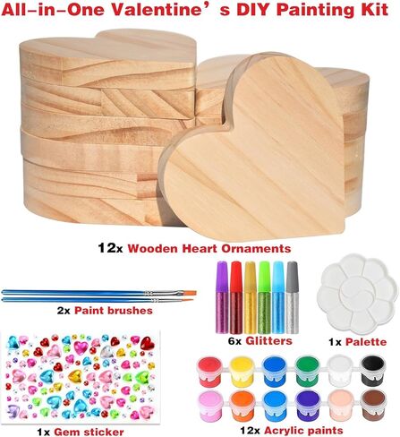 مجموعة طلاء DIY لعيد الحب، 12 قطعة من القلوب الخشبية غير المكتملة مع 12 لونًا وفرشاة، اصنع علامات القلب الخشبية الفريدة الخاصة بك، هدية شخصية للأزواج، له، لها، ديكور للرف in Kuwait