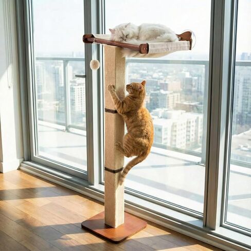 Sintuff Cat Window Perch with Scratching Post Climbing Tree Hammock Mounted with Suction Cups 46 Inch Tall Adjustable Narrow Cat Tree Climbing Pole for Playing Sleeping Watching Birds(Square) in Saudi Arabia