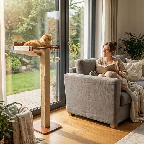 Sintuff Cat Window Perch with Scratching Post Climbing Tree Hammock Mounted with Suction Cups 46 Inch Tall Adjustable Narrow Cat Tree Climbing Pole for Playing Sleeping Watching Birds(Square) in Saudi Arabia