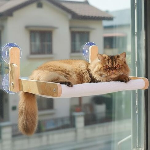 Foldable Cat Window Perch with Plush Furry Cover, Cat Hammock with Wooden Frame - Sturdy Suction Cups, No Drilling Required, Perfect for Indoor Cats & Kitchens, Easy to Clean in Saudi Arabia