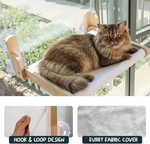 Foldable Cat Window Perch with Plush Furry Cover, Cat Hammock with Wooden Frame - Sturdy Suction Cups, No Drilling Required, Perfect for Indoor Cats & Kitchens, Easy to Clean in Saudi Arabia
