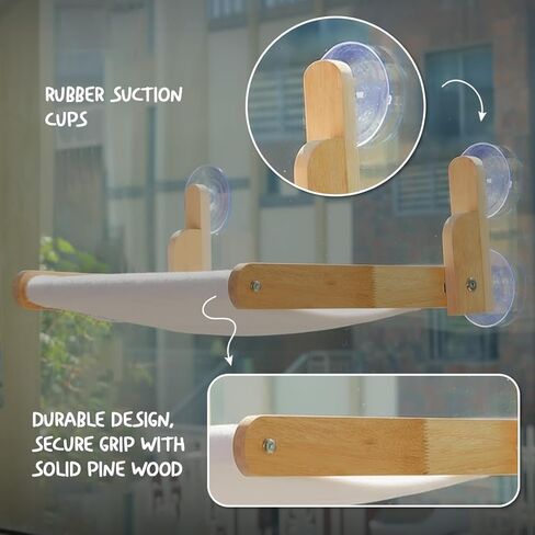 Foldable Cat Window Perch with Plush Furry Cover, Cat Hammock with Wooden Frame - Sturdy Suction Cups, No Drilling Required, Perfect for Indoor Cats & Kitchens, Easy to Clean in Saudi Arabia