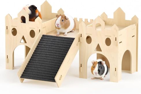 Guinea Pig Hideout House, Deluxe Wooden Hamster Hideout with Climbing Ramp & Rest Zone, Bunny Castle Tower Toy for Guinea Pig Chinchilla Gerbil Hedgehog Small Animal House Habitat Hut in Kuwait