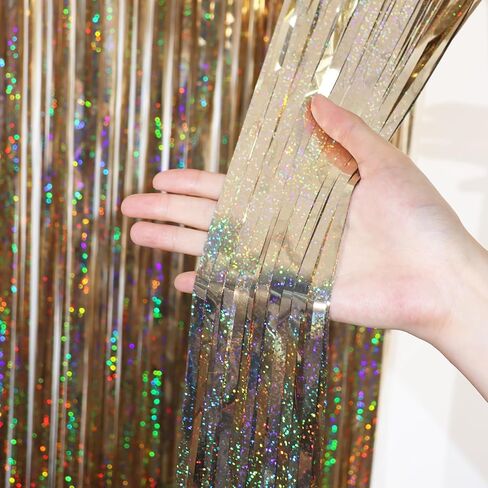 3.3 x 6.6 ft Foil Fringe Backdrop Curtains, Tinsel Streamers Party Decorations, Fringe Backdrop for Birthday, Baby Shower, Gender Reveal, Graduation (3, Champagne) in Kuwait