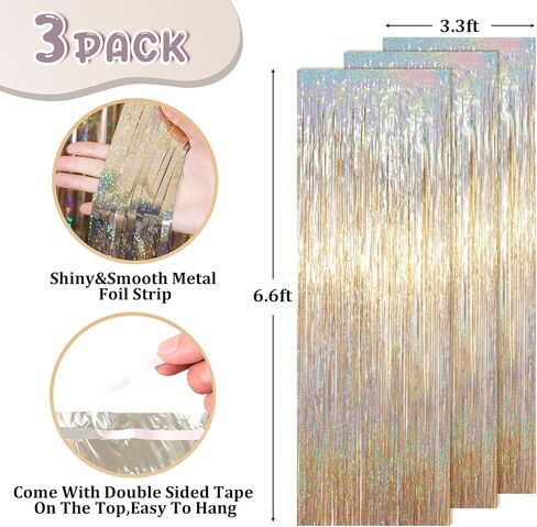 3.3 x 6.6 ft Foil Fringe Backdrop Curtains, Tinsel Streamers Party Decorations, Fringe Backdrop for Birthday, Baby Shower, Gender Reveal, Graduation (3, Champagne) in Kuwait