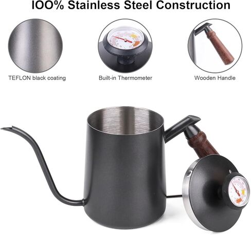 Pour-over kettle with thermometer, 600ml capacity, leak-proof one-piece 304 stainless steel gooseneck spout, food-grade easy-clean, suitable for pour-over coffee, French press, and tea. in Saudi Arabia