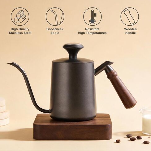 Pour-over kettle with thermometer, 600ml capacity, leak-proof one-piece 304 stainless steel gooseneck spout, food-grade easy-clean, suitable for pour-over coffee, French press, and tea. in Saudi Arabia