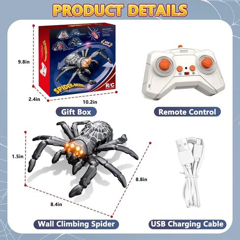 Wall Climbing Spider, Rechargeable Remote Control Spider Kids Toys, Floor/Wall Crawling Robot Spider Toy, Wall Crawler Spider Prank Toys Birthday Gifts for Boys Girls Ages 3-5 5-7 8-13, Black in Kuwait
