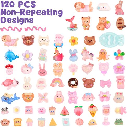 مجموعة 120 قطعة من سحر Kawaii Slime، زخارف صغيرة لطيفة غير متكررة من الراتنج المسطح للحرف اليدوية، سجل القصاصات، مشابك الشعر، الأحذية، حافظات الهاتف - حيوانات متنوعة، طعام، حلوى، زهرة in Kuwait