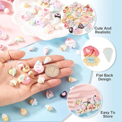 70Pcs Sweet Food Resin Cabochons Cute Cartoon Ice Cream Cup Cake Clothes Furniture Supplies Love Heart Flatback Cabochons No Hole Food Bead Embellishments for DIY Scrapbooks Hair Clips Decor in Saudi Arabia