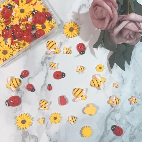 160PCS Resin Bee Daisy Decor Mini Bumblebee Flowers Ladybugs Embellishment Sunflower Bees Flatback Beads with Box for DIY Craft Wreath Scrapbooking Party Decorations in Saudi Arabia