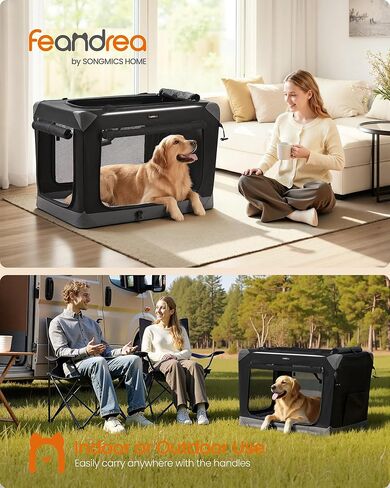 Feandrea Collapsible Dog Crate, Portable Oxford Fabric Pet Travel Crate with 4 Mesh Doors, Handles, Pocket, 36 Inches, for Large Dogs, Ink Black and Dove Gray UPDC029BH01 in Saudi Arabia
