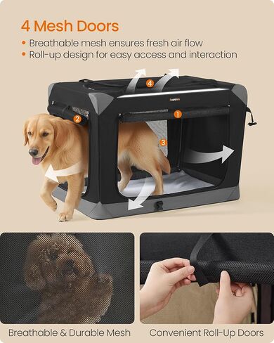 Feandrea Collapsible Dog Crate, Portable Oxford Fabric Pet Travel Crate with 4 Mesh Doors, Handles, Pocket, 36 Inches, for Large Dogs, Ink Black and Dove Gray UPDC029BH01 in Saudi Arabia