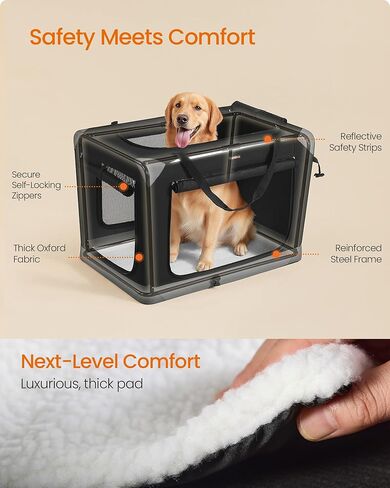 Feandrea Collapsible Dog Crate, Portable Oxford Fabric Pet Travel Crate with 4 Mesh Doors, Handles, Pocket, 36 Inches, for Large Dogs, Ink Black and Dove Gray UPDC029BH01 in Saudi Arabia