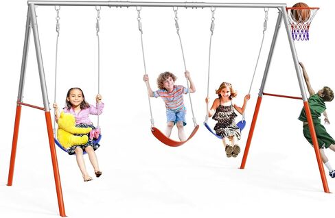 JOYMOR 3-Seats Metal Swing Sets for Backyard Outdoor with Basketball-Hoop, 3 Height-Adjustable Seats, 6 Locking Threaded Hangers, Suitable for DIY, 3-12Yr (Orange&Blue) in Kuwait