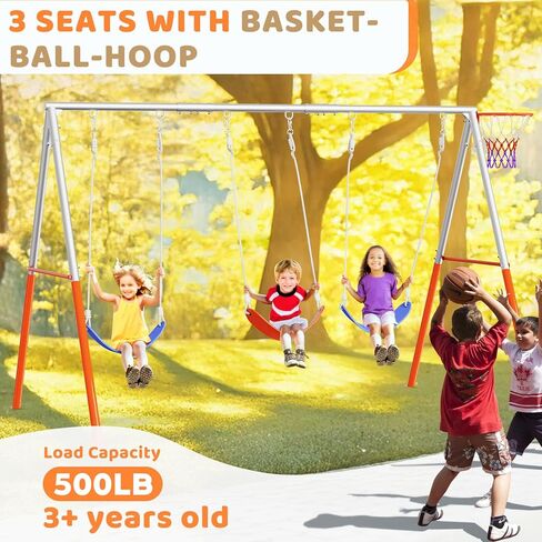 JOYMOR 3-Seats Metal Swing Sets for Backyard Outdoor with Basketball-Hoop, 3 Height-Adjustable Seats, 6 Locking Threaded Hangers, Suitable for DIY, 3-12Yr (Orange&Blue) in Kuwait