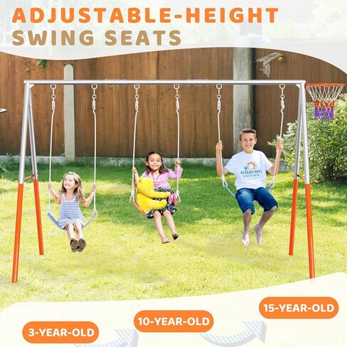 JOYMOR 3-Seats Metal Swing Sets for Backyard Outdoor with Basketball-Hoop, 3 Height-Adjustable Seats, 6 Locking Threaded Hangers, Suitable for DIY, 3-12Yr (Orange&Blue) in Kuwait
