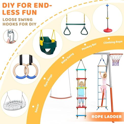 JOYMOR 3-Seats Metal Swing Sets for Backyard Outdoor with Basketball-Hoop, 3 Height-Adjustable Seats, 6 Locking Threaded Hangers, Suitable for DIY, 3-12Yr (Orange&Blue) in Kuwait