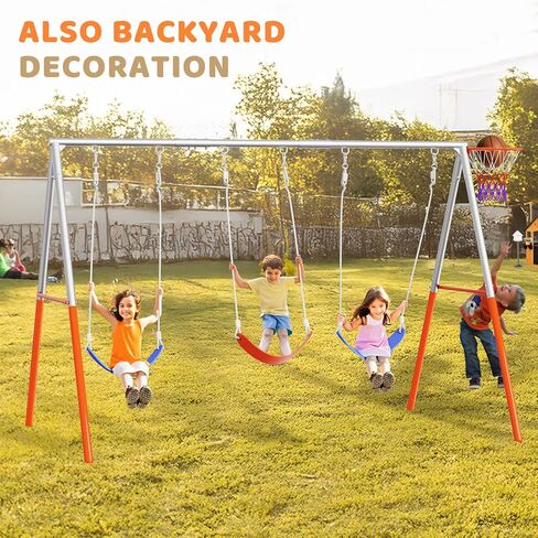 JOYMOR 3-Seats Metal Swing Sets for Backyard Outdoor with Basketball-Hoop, 3 Height-Adjustable Seats, 6 Locking Threaded Hangers, Suitable for DIY, 3-12Yr (Orange&Blue) in Kuwait
