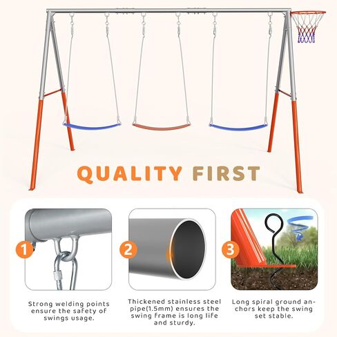 JOYMOR 3-Seats Metal Swing Sets for Backyard Outdoor with Basketball-Hoop, 3 Height-Adjustable Seats, 6 Locking Threaded Hangers, Suitable for DIY, 3-12Yr (Orange&Blue) in Kuwait