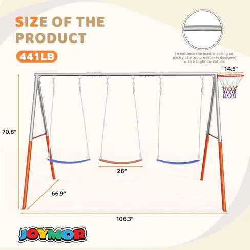 JOYMOR 3-Seats Metal Swing Sets for Backyard Outdoor with Basketball-Hoop, 3 Height-Adjustable Seats, 6 Locking Threaded Hangers, Suitable for DIY, 3-12Yr (Orange&Blue) in Kuwait