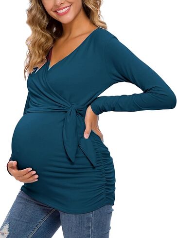 Glampunch Maternity Shirts Short & Long Sleeve Wrap Maternity Tops | flattering wrap design,soft stretch fabric,adjustable tie waist,pregnancy to postpartum,work & casual style in Saudi Arabia