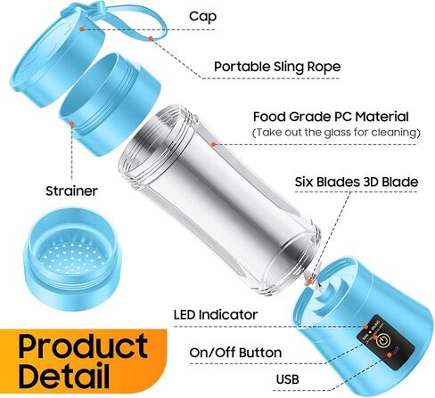 Portable Blender Personal Size Blender - Shakes and Smoothies, Cordless & USB Rechargeable, Lightweight with BPA-Free Cup Suit in Picnic/Sports/Office in Kuwait